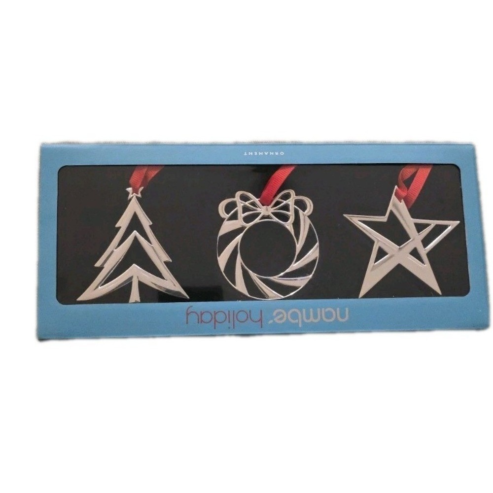 NIB Nambe Holiday Ornaments Set Star Wreath Tree Silver modern minimalist MCM